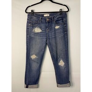 Express‎ Womens Mid Rise Distressed Cuffed Jeans Blue Size 0